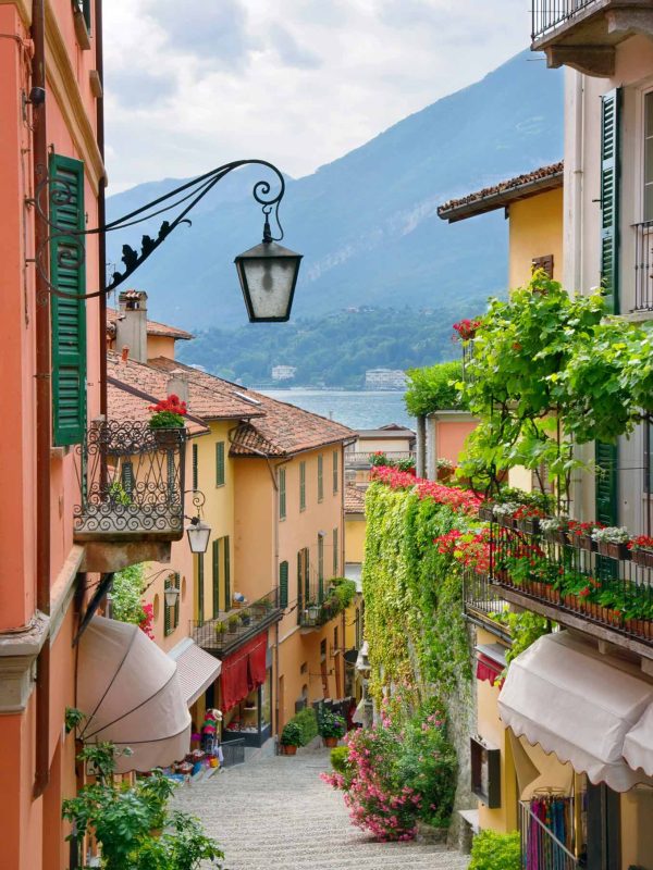 Picturesque small town street view in Lake Como Italy